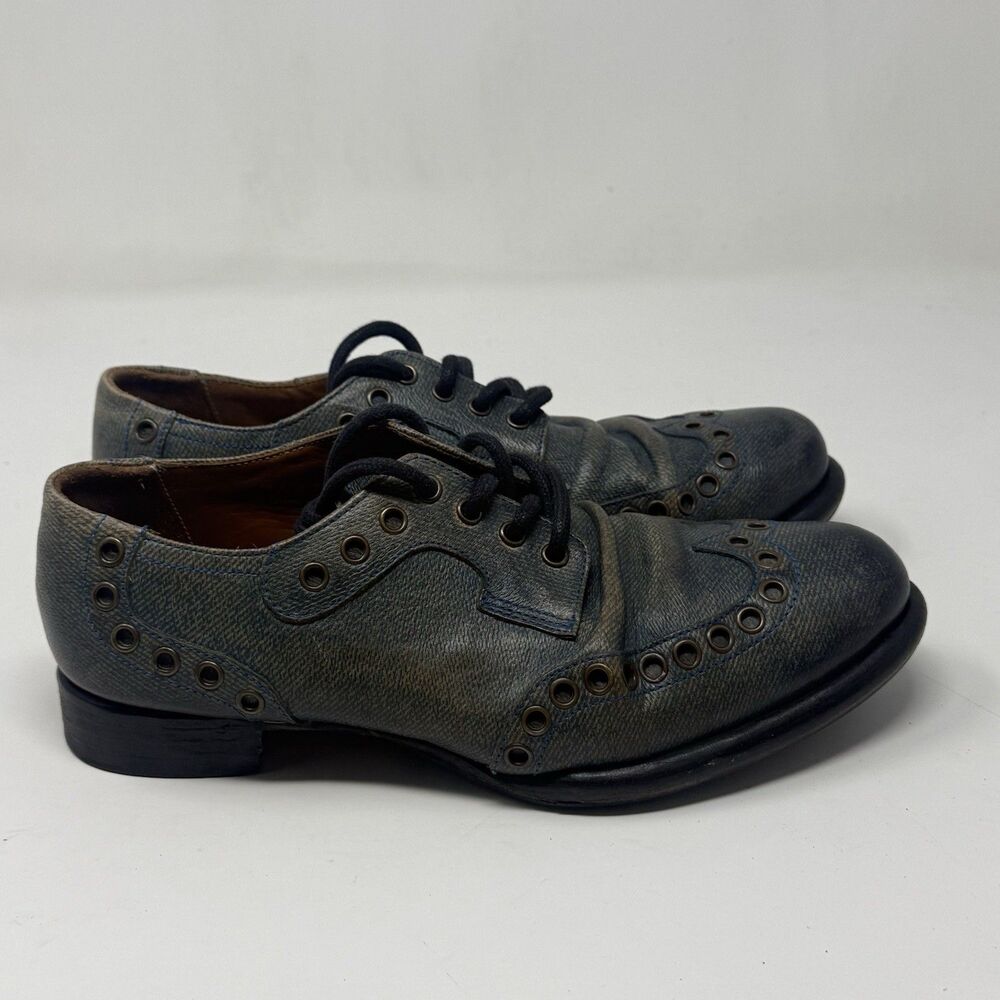 John Fluevog Pound Wingtip Derby Shoes Mens 8 M Blue Leather Denim Look Lace Up